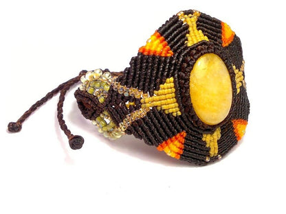 brown & yellow aztec macrame cuff bracelet with quartz and toho seed beads