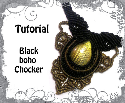 TUTORIAL - Black boho macrame necklace - Labradorite baroque choker - natural gemstone necklace