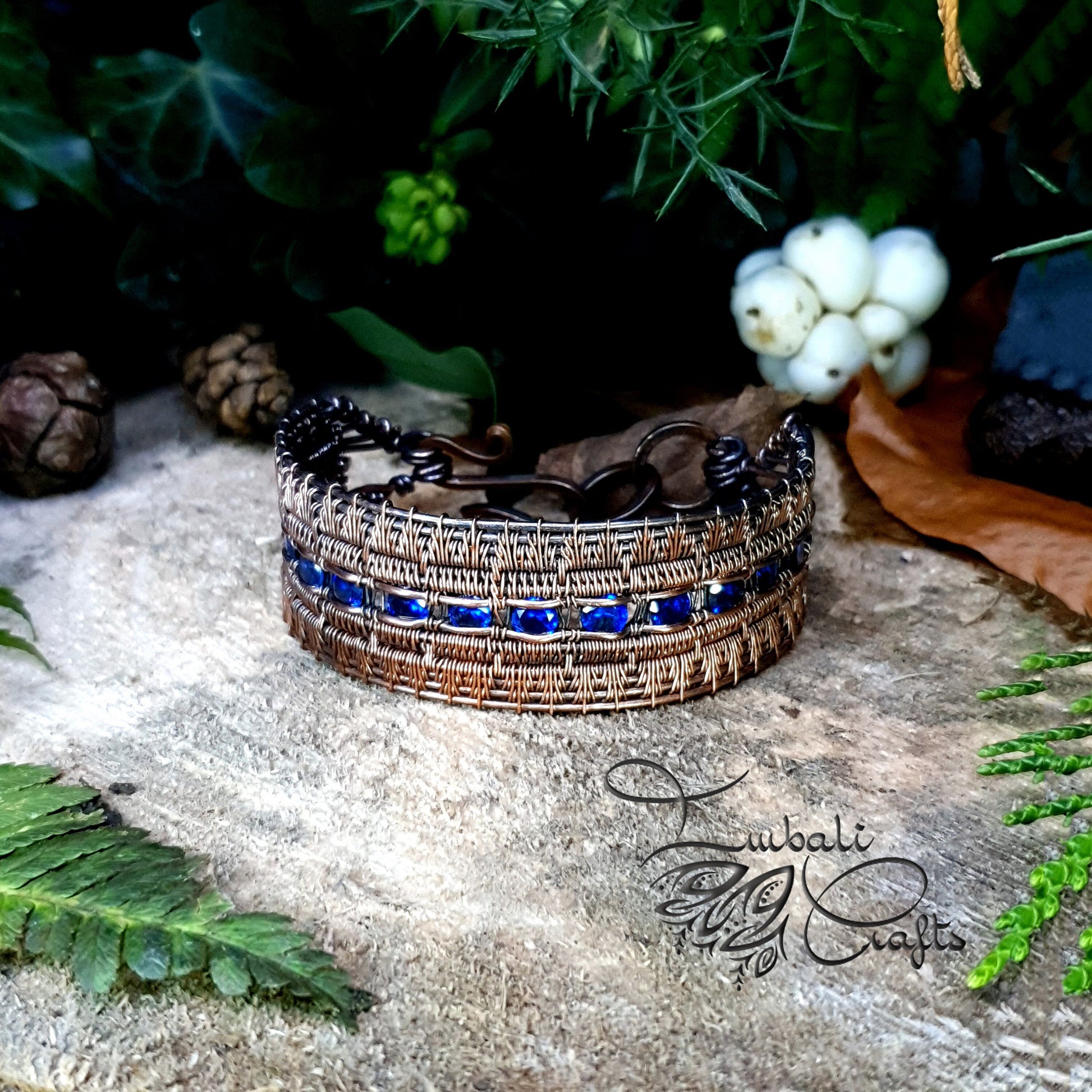 Copper cuff bracelet with blue cubic zirconia - unique gift