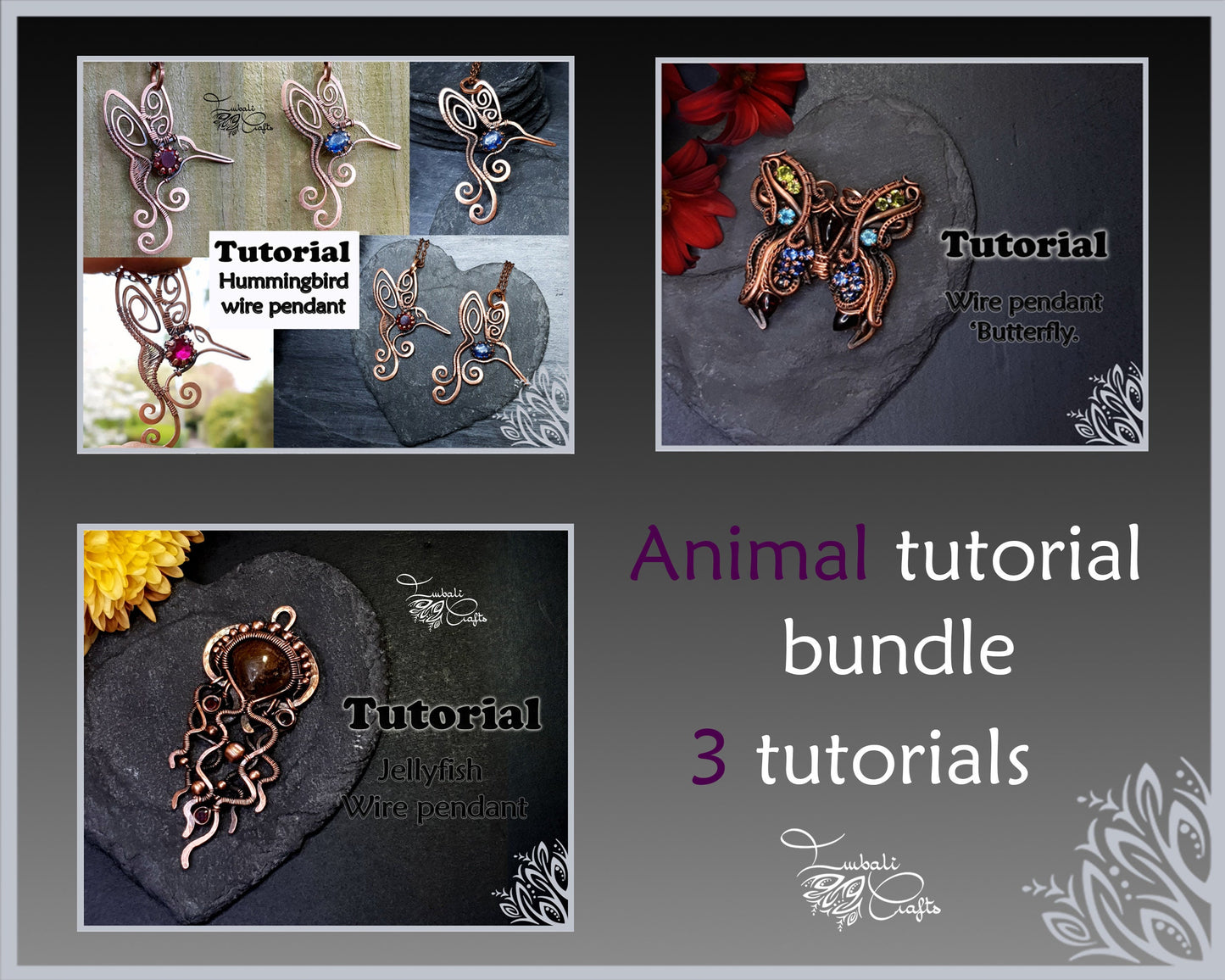 3 x animal tutorial bundle - 3 wire weaving animal themed patterns - wire wrap tutorial - DIY jewellery