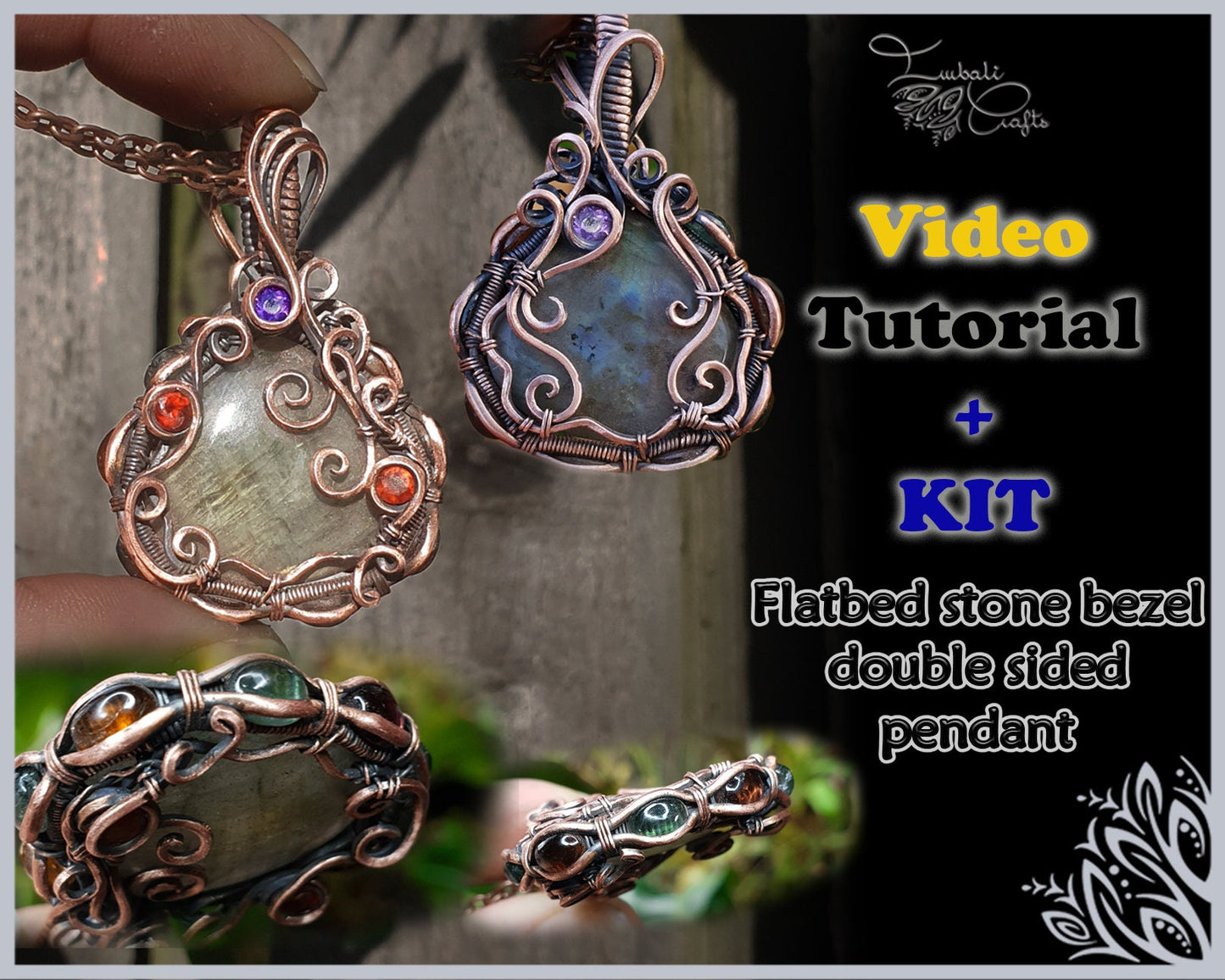 KIT & tutorial - Double sided flat-bed bezel pendant - copper pendant - wire + gemstone kit