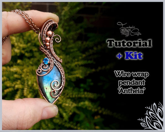 Kit + VIDEO tutorial - 'Antheia' - Labradorite wire wrap pendant - wire weaving pattern - Copper wire & gemstone kit