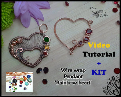 Kit + VIDEO Tutorial - Rainbow heart - wire weaving pattern - necklace tutorial - wire pendant