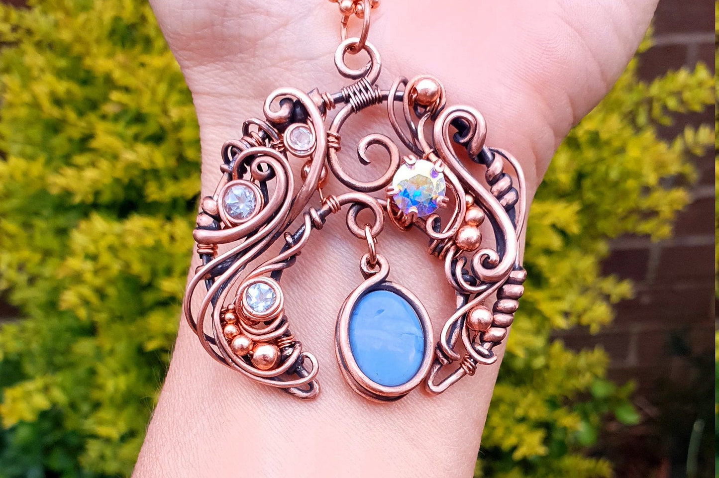 Blue opal & topaz moon pendant - copper wire pendant - woven necklace - unique gift idea