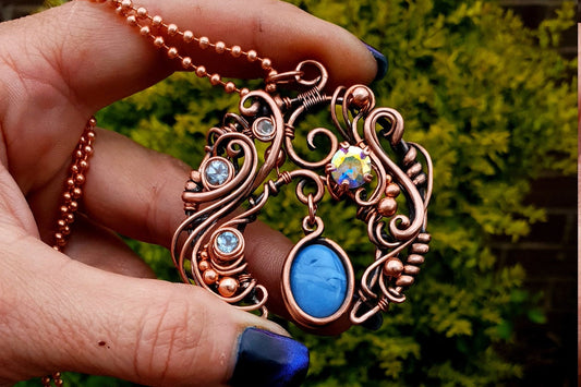 Blue opal & topaz moon pendant - copper wire pendant - woven necklace - unique gift idea