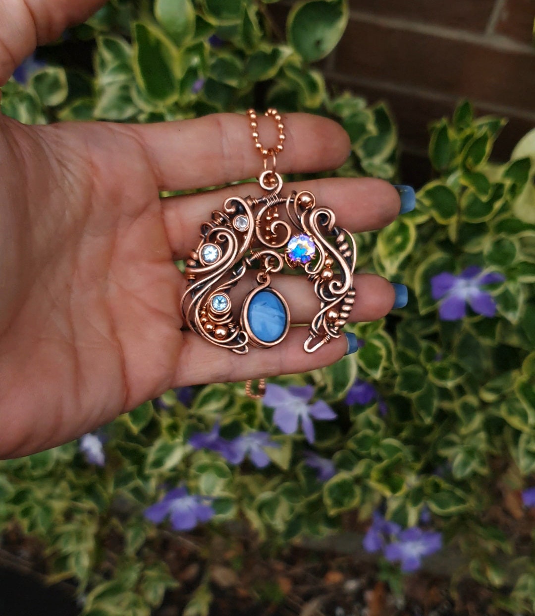 Blue opal & topaz moon pendant - copper wire pendant - woven necklace - unique gift idea