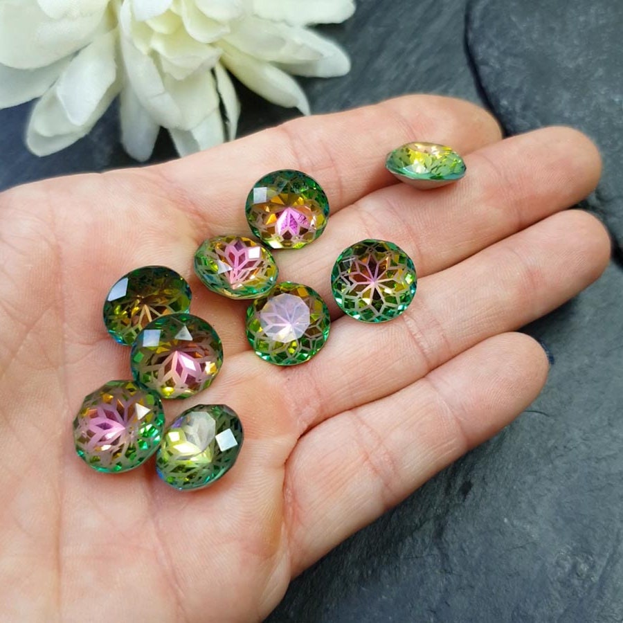 Glass crystal - round - 14 mm - rose garden green AB