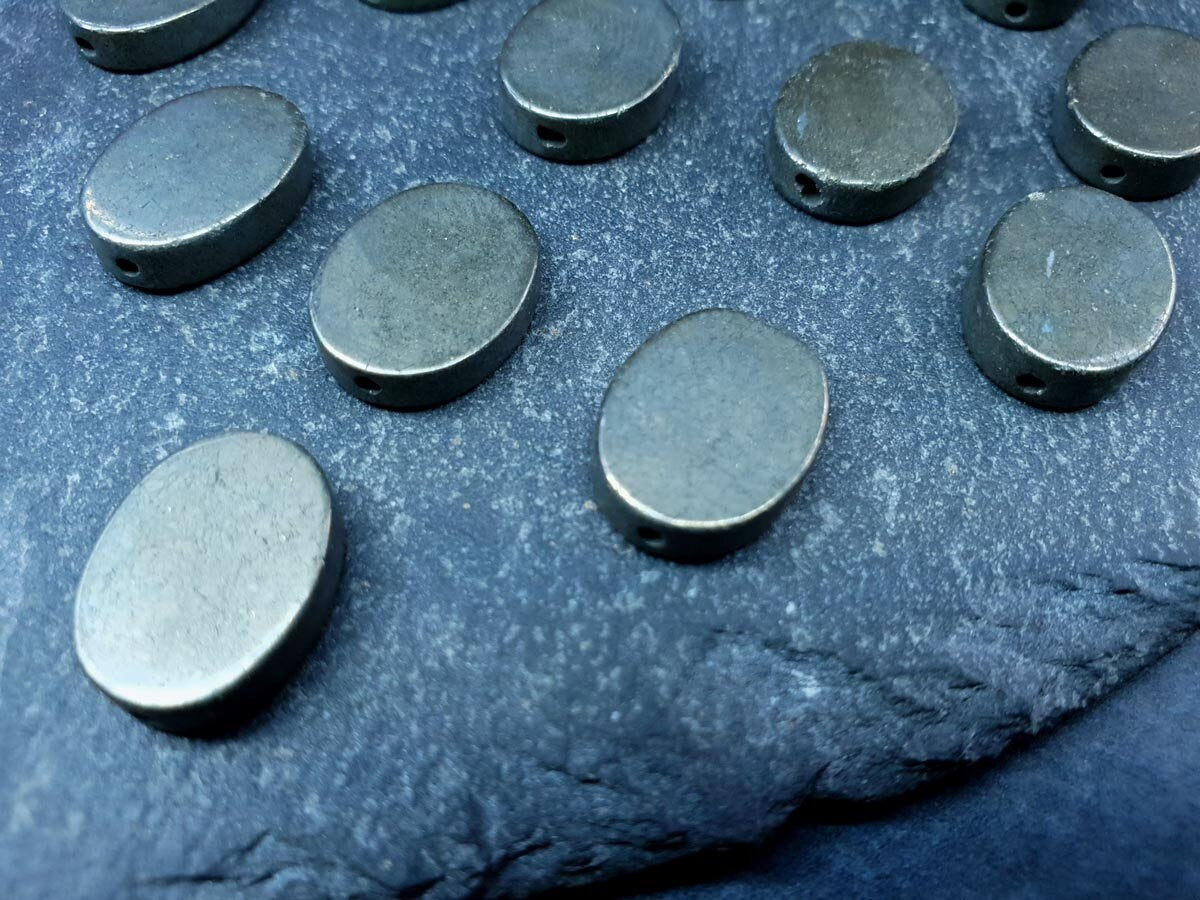 Pyrite - drilled focal bead - oval - 16 mm