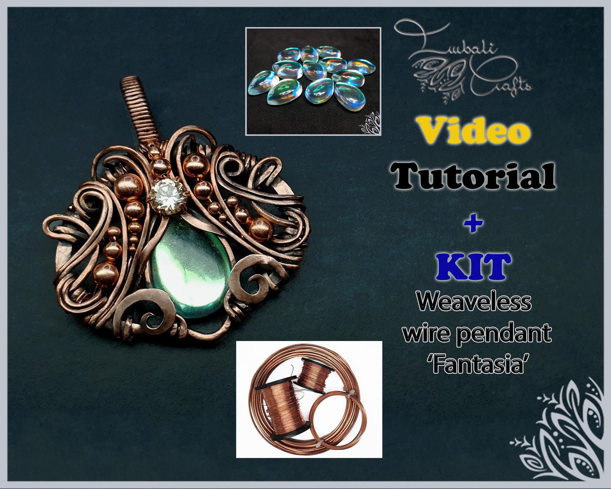 VIDEO tutorial and KIT - Fantasia - amulet - wire weave pattern - Aura quartz pendant