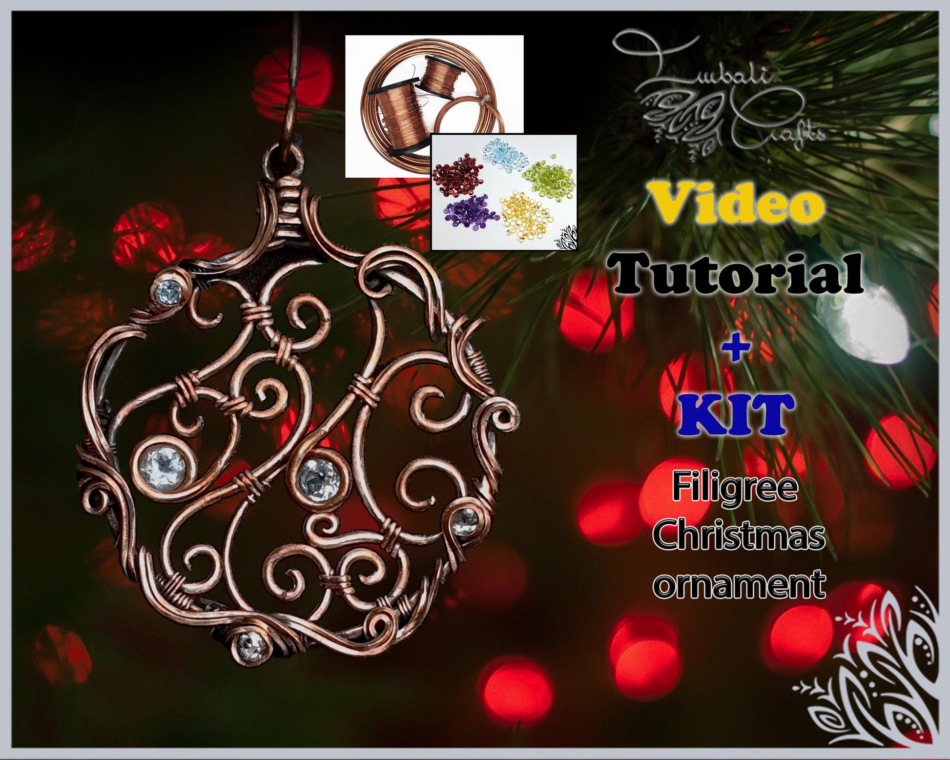 Kit + VIDEO Tutorial - Filigree Christmas ornament - wire weaving pattern - necklace tutorial - wire pendant