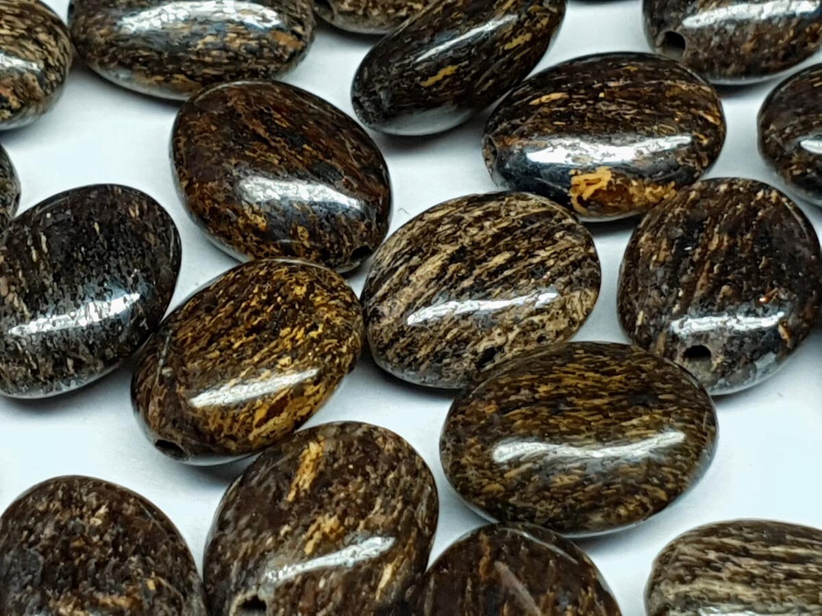 Bronzite - drilled focal bead - oval - 11 mm