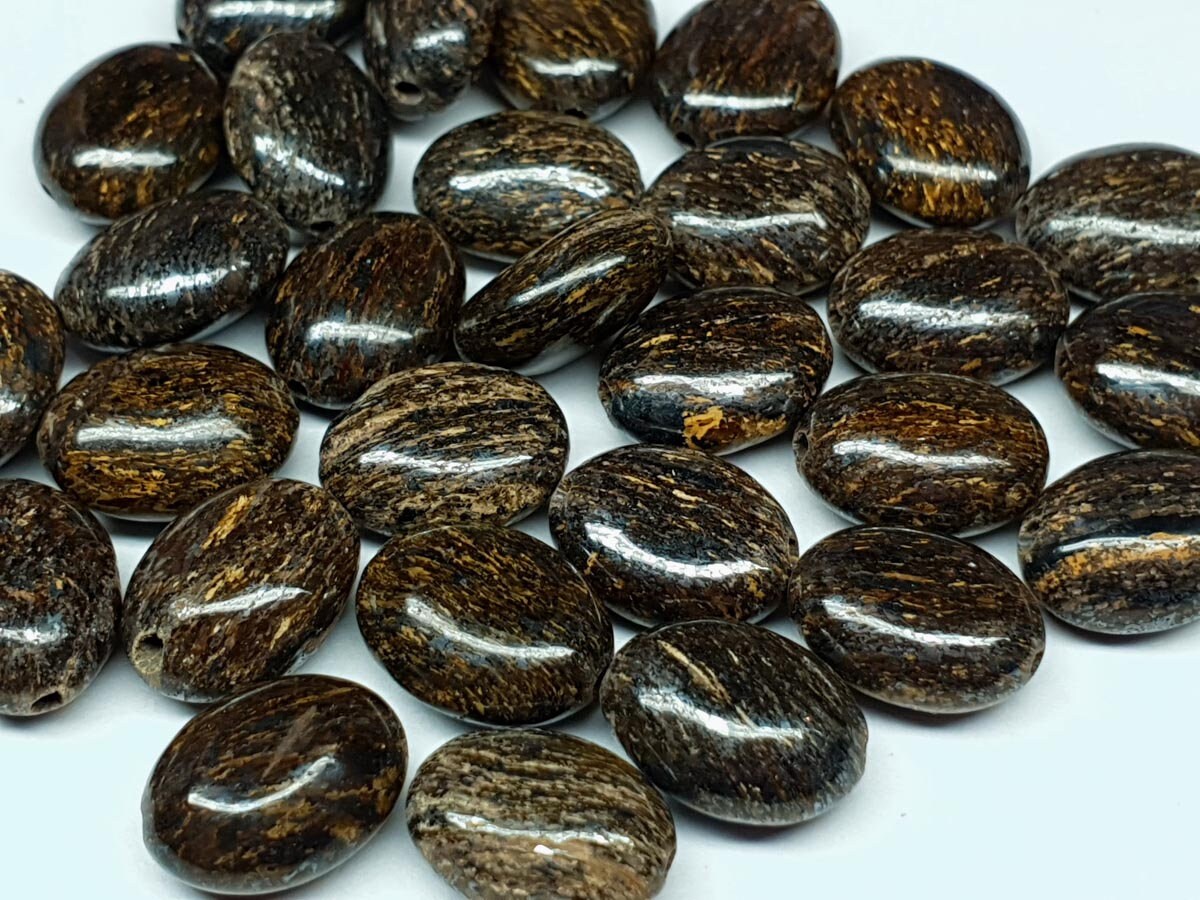 Bronzite - drilled focal bead - oval - 11 mm