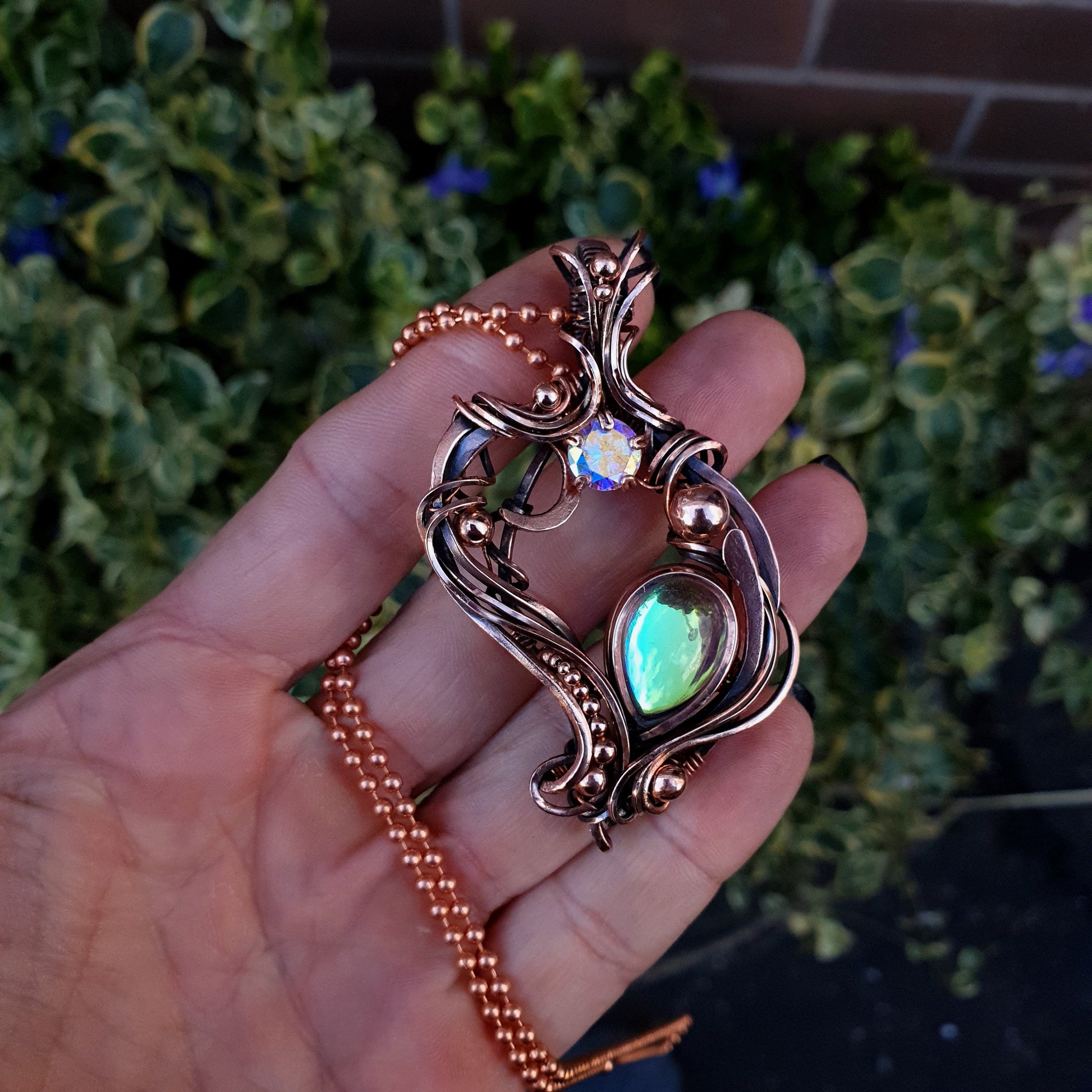 Copper pendant with aura quartz focal