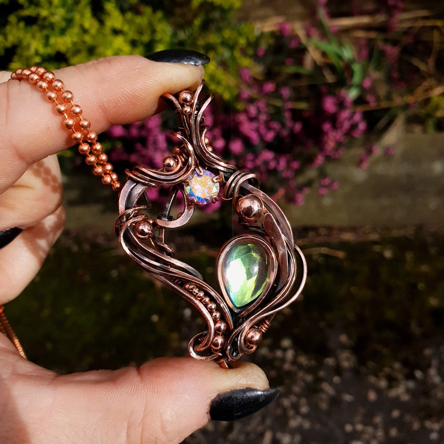 Copper pendant with aura quartz focal