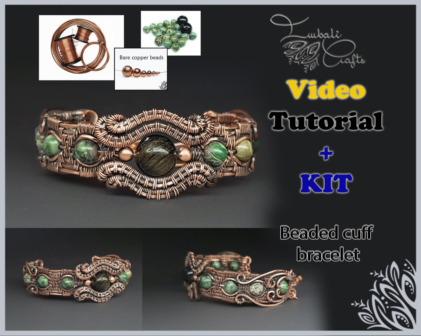 Listing for DAWN - Video tutorial & KIT - Beaded Cuff Bracelet - wire wrap bracelet tutorial - DIY jewellery - men's or ladies cuff tutorial