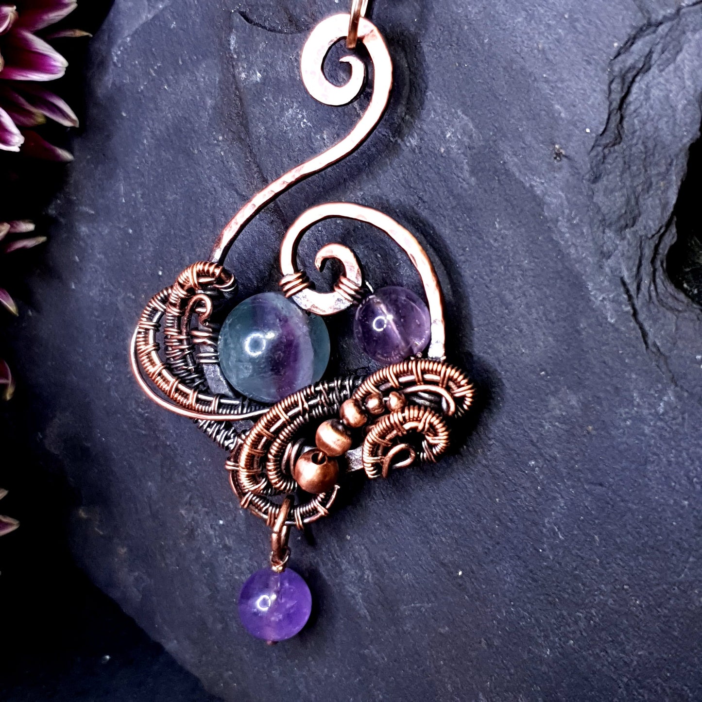 Copper and fluorite pendant 'Galaxy'