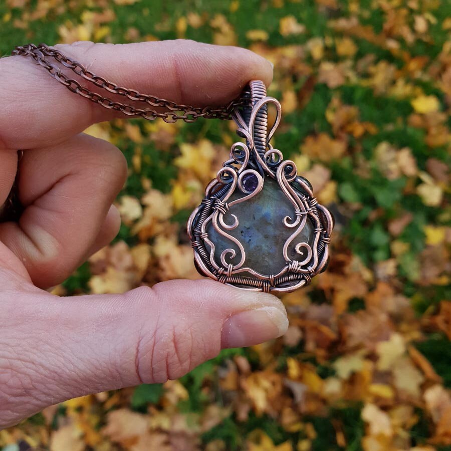 Double sided labradorite copper pendant