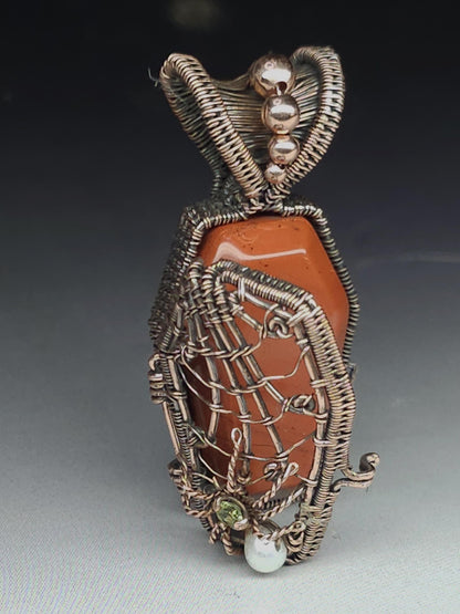 Halloween coffin pendant with red jasper, pearl and peridot - Unique Gift