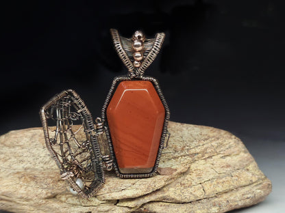 Halloween coffin pendant with red jasper, pearl and peridot - Unique Gift