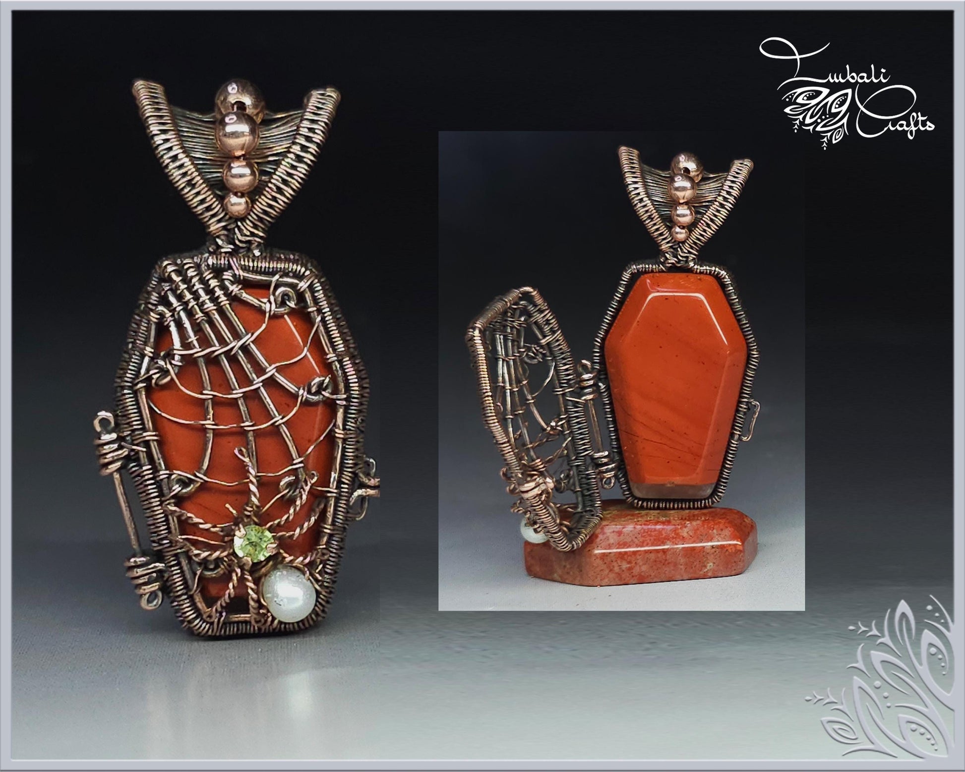 Halloween coffin pendant with red jasper, pearl and peridot - Unique Gift