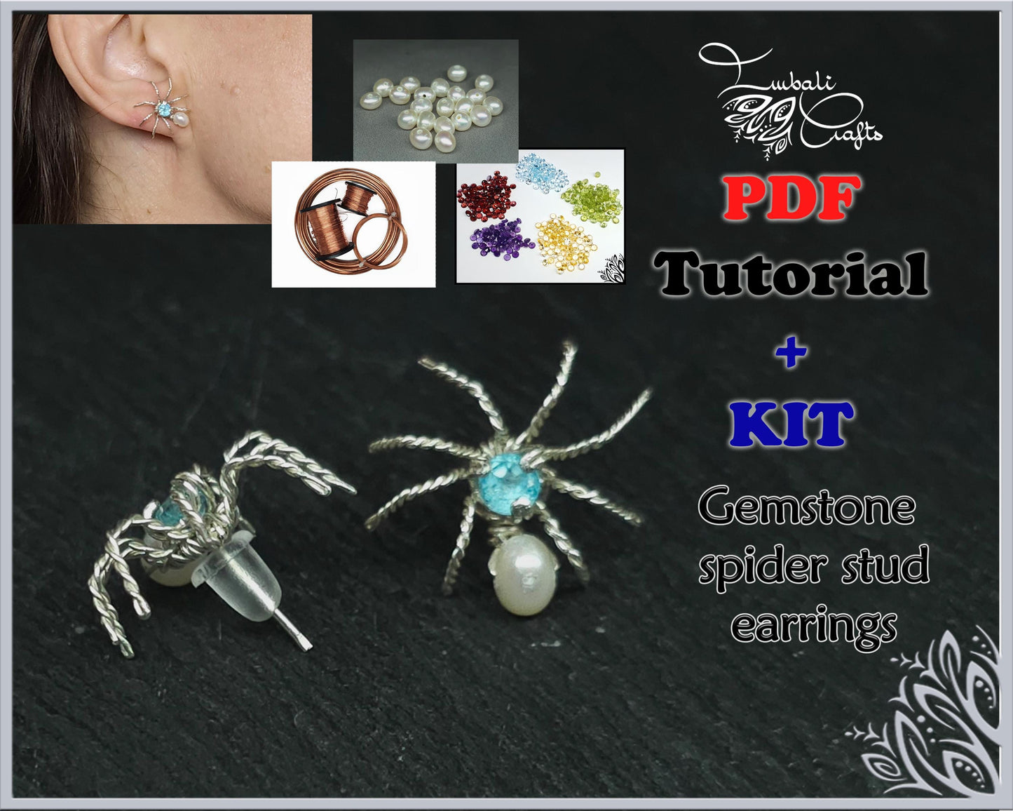 Kit + PDF Tutorial - Gemstone copper spider stud earrings - halloween earring tutorial