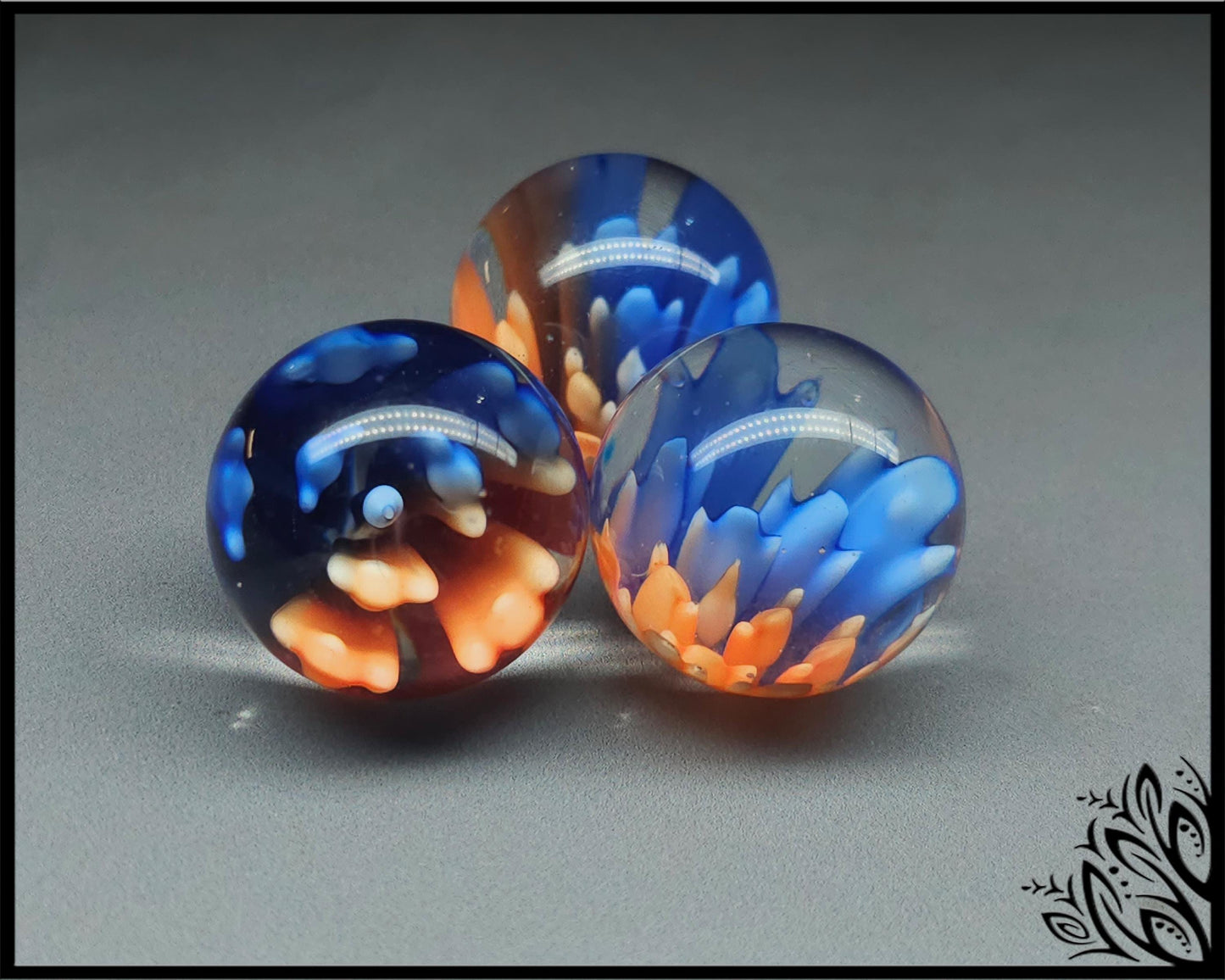 3D Lampwork flower sphere/orb - blue & orange - 25 mm