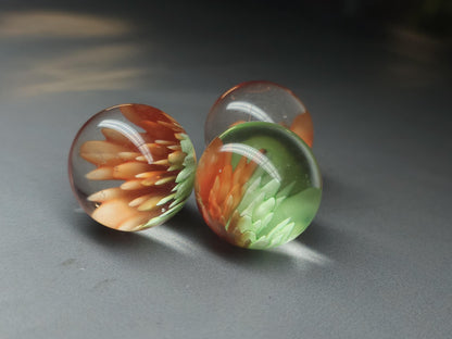 3D Lampwork flower sphere/orb - green & orange - 25 mm