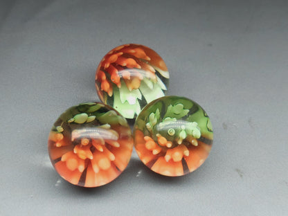 3D Lampwork flower sphere/orb - green & orange - 25 mm