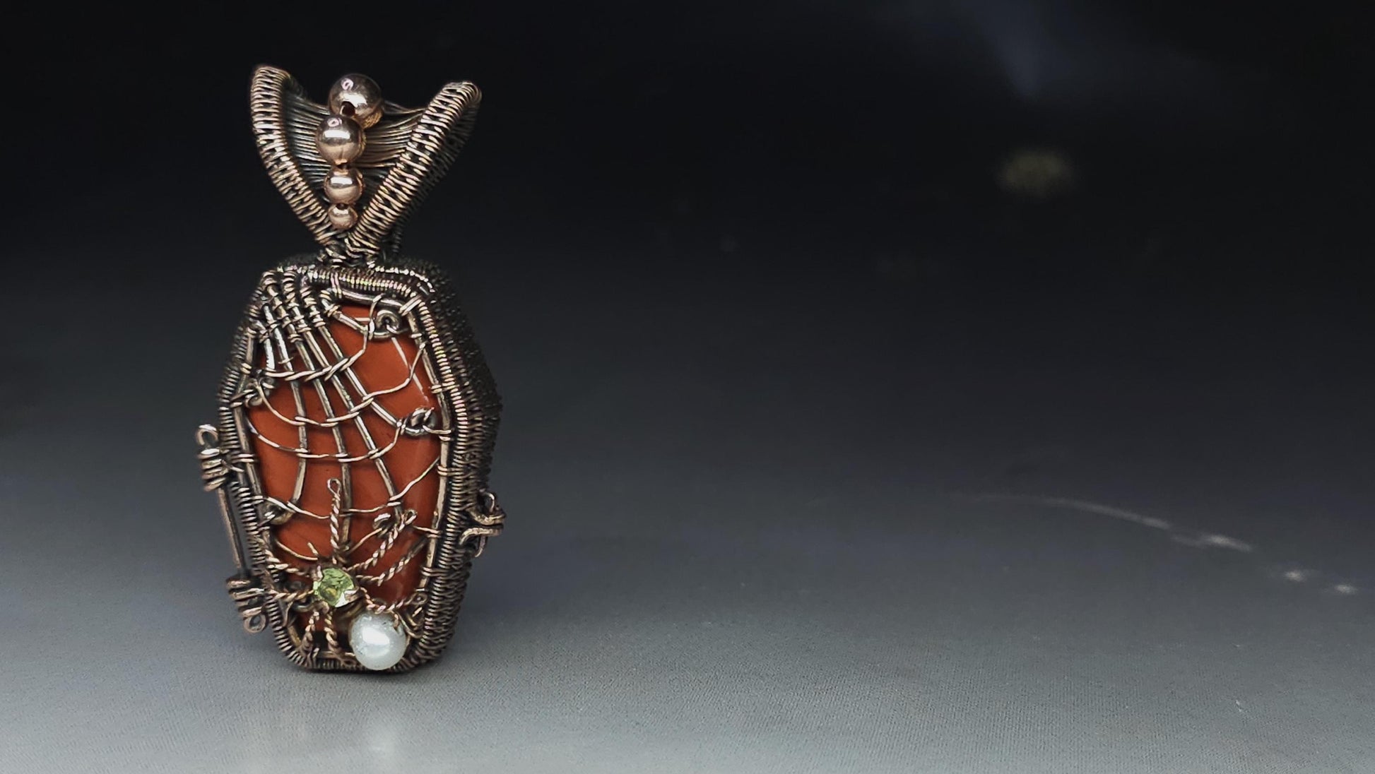 Halloween coffin pendant with red jasper, pearl and peridot - Unique Gift