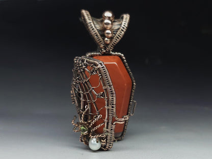 Halloween coffin pendant with red jasper, pearl and peridot - Unique Gift