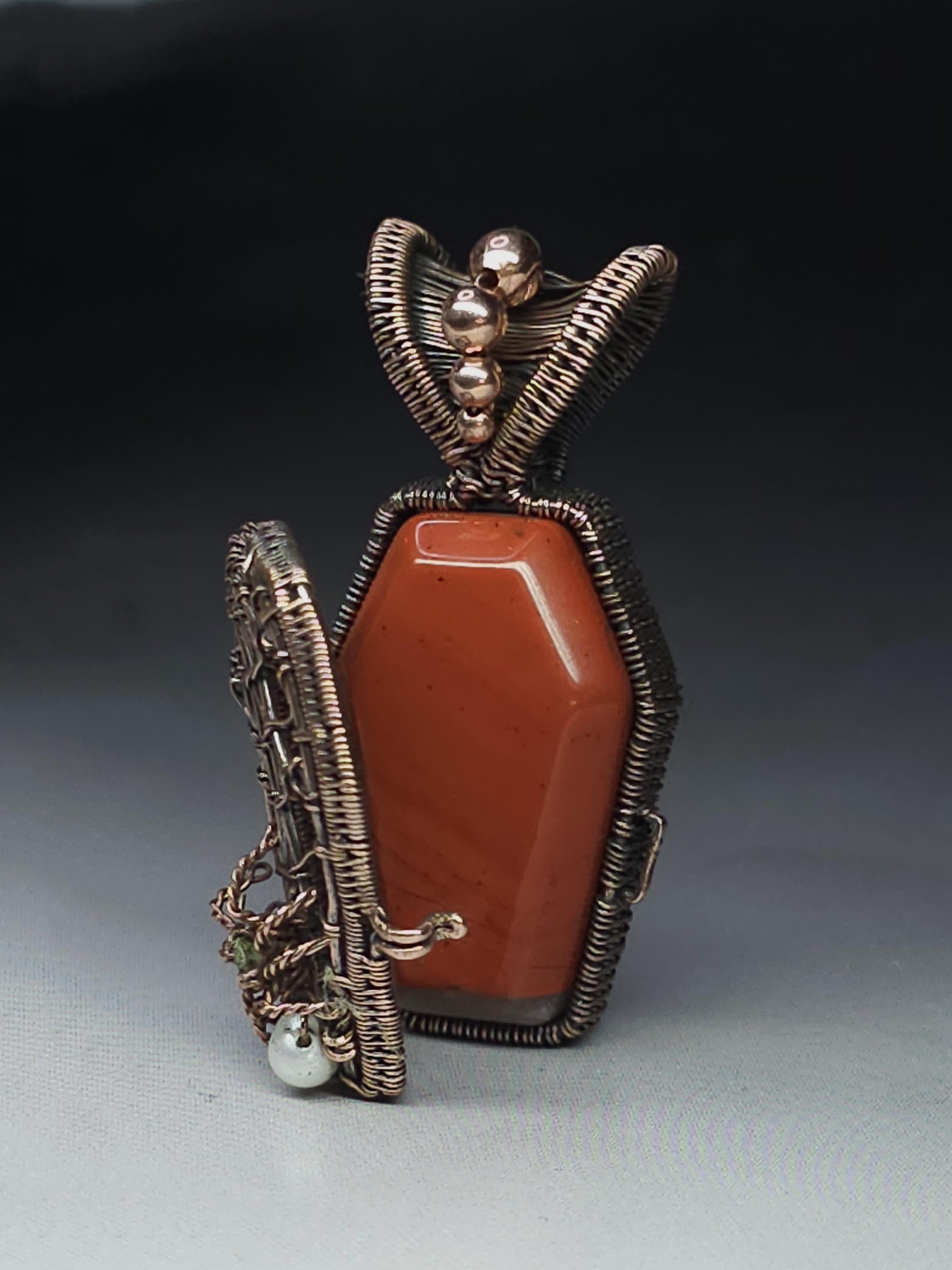 Halloween coffin pendant with red jasper, pearl and peridot - Unique Gift