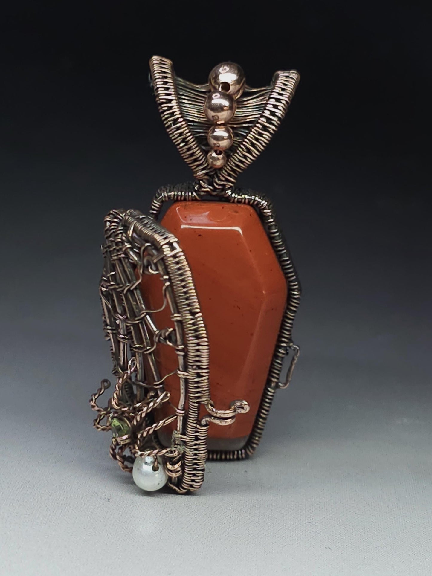 Halloween coffin pendant with red jasper, pearl and peridot - Unique Gift