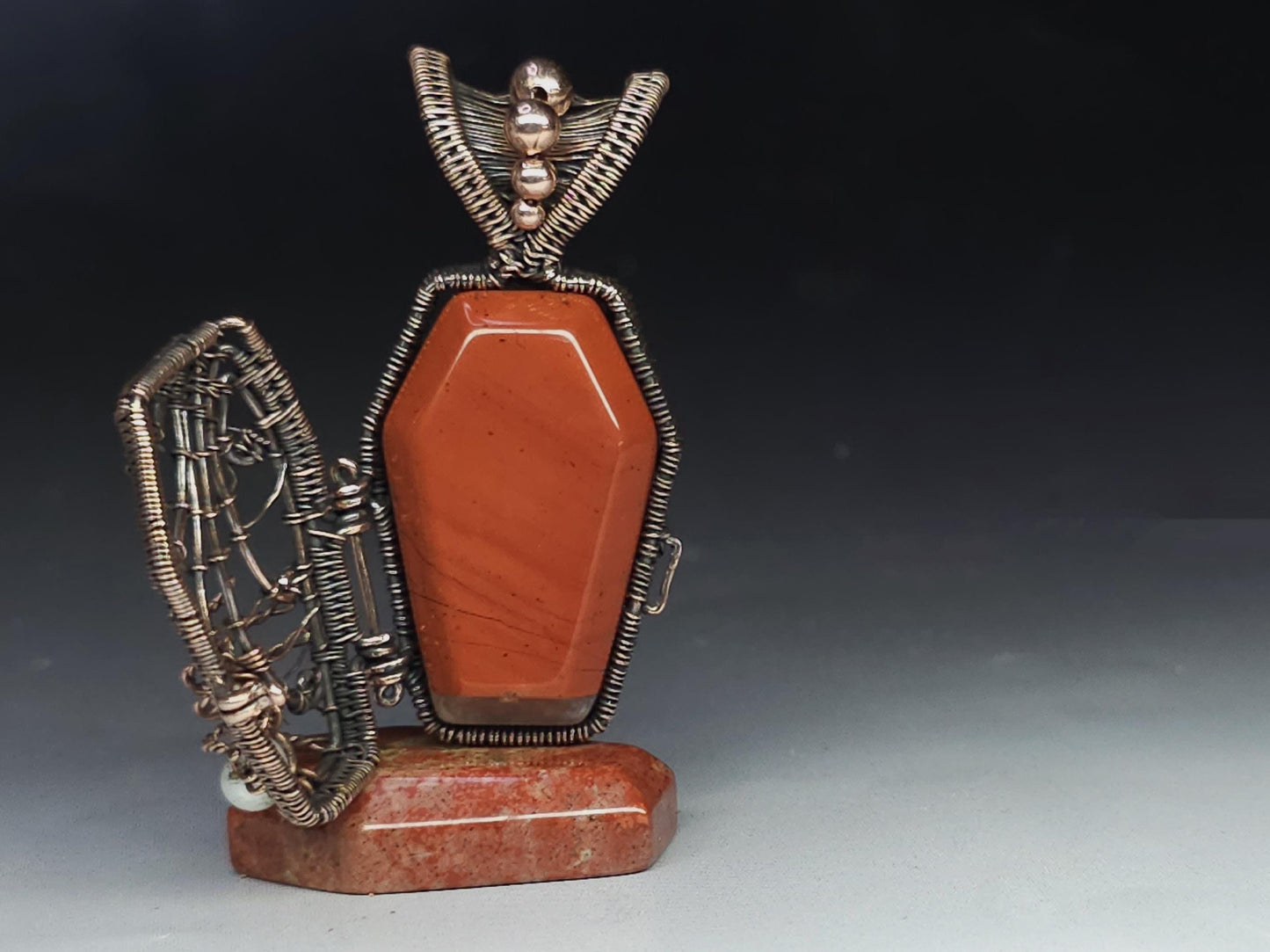 Halloween coffin pendant with red jasper, pearl and peridot - Unique Gift