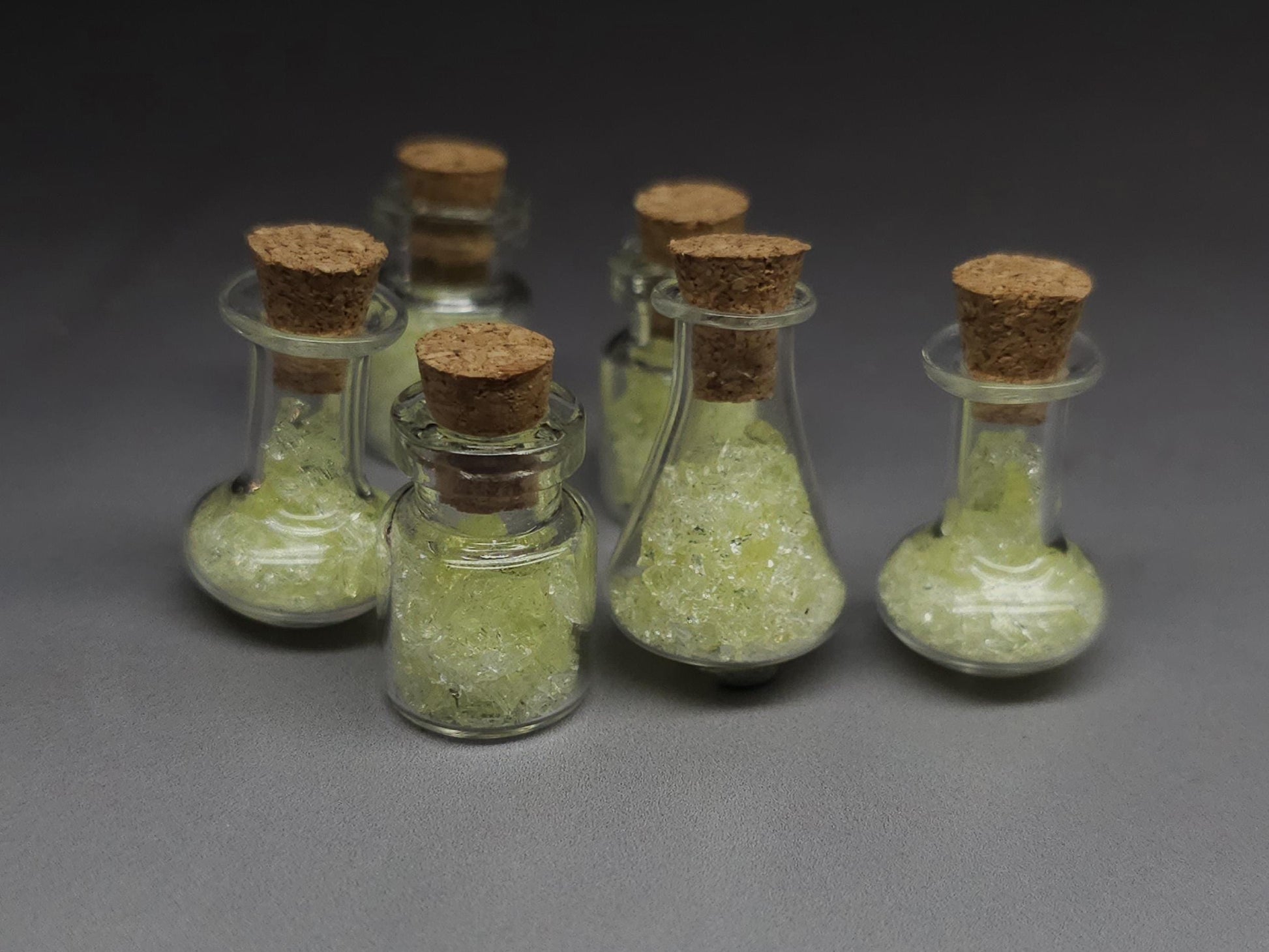 Uranium glass vial - squat corked potion bottle